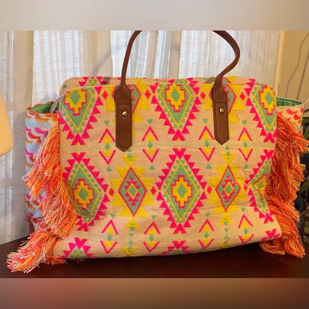 Boho Fringe Tote Bag with Neon Diamond Pattern - Picture 5 of 9